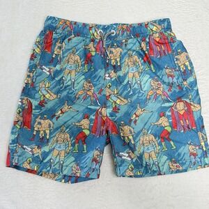 Boardies Boys 9-10 Swim Trunks Blue Luchador Wrestling Print Drawstring Pockets
